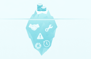 Iceberg illustrating the hidden costs of in-house marketing: visible gains above, risks, time and complexity below the surface.