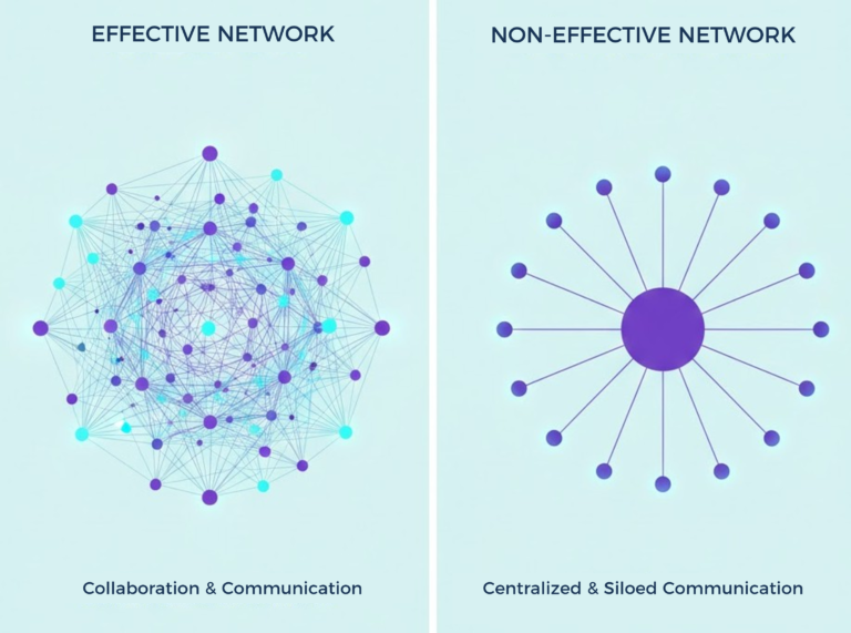 Visual comparison between an effective collective intelligence network and a siloed system. On the left, a decentralized grid of cyan and purple dots symbolizing the fluidity of information. On the right, an inefficient centralized system where all dots are connected to a single center. Light cyan background.
