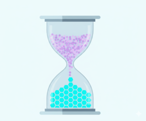 Image of a modern hourglass showing the transformation of raw ideas (purple particles) into structured decisions (cyan hexagons) through a methodological framework.