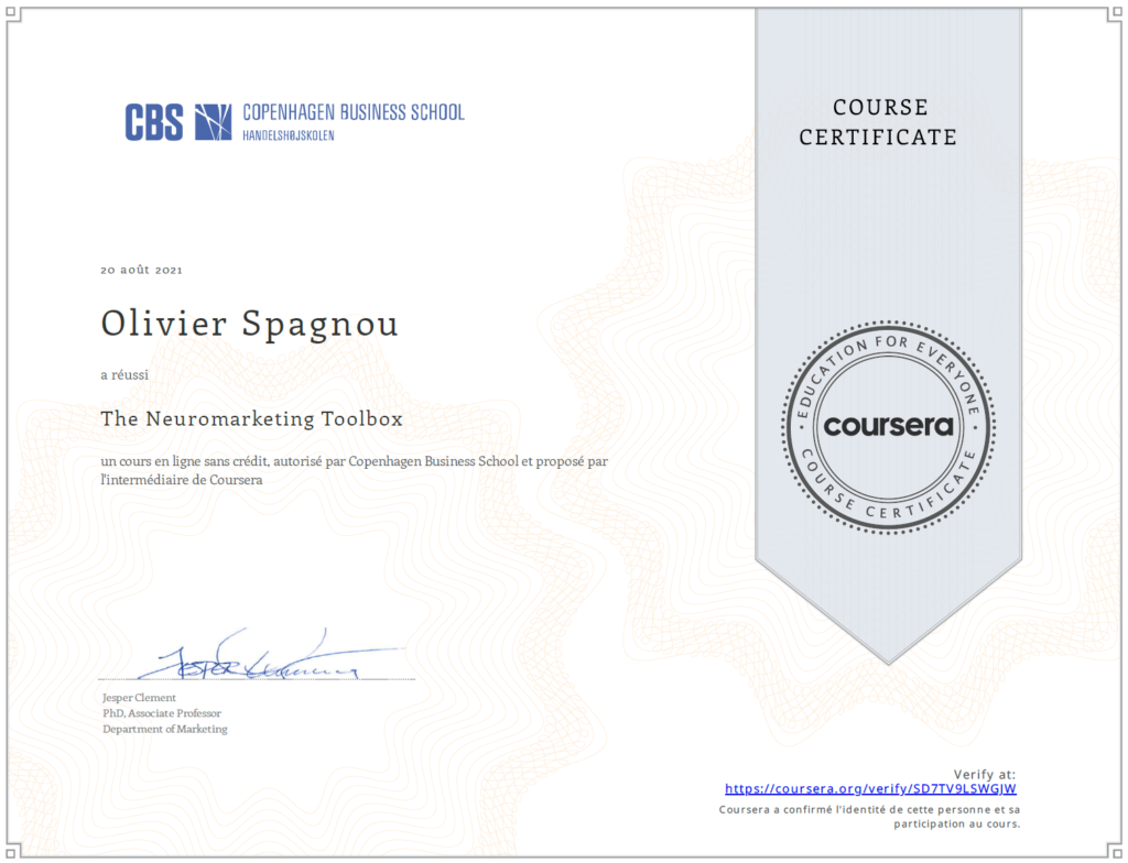 Copenhagen Business School (Coursera) certificate: “The Neuromarketing Toolbox”.
