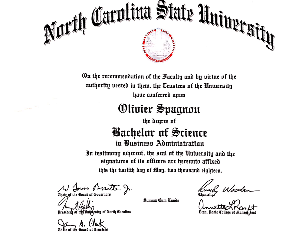 North Carolina State University diploma: Bachelor of Science in Business Administration (Summa Cum Laude).