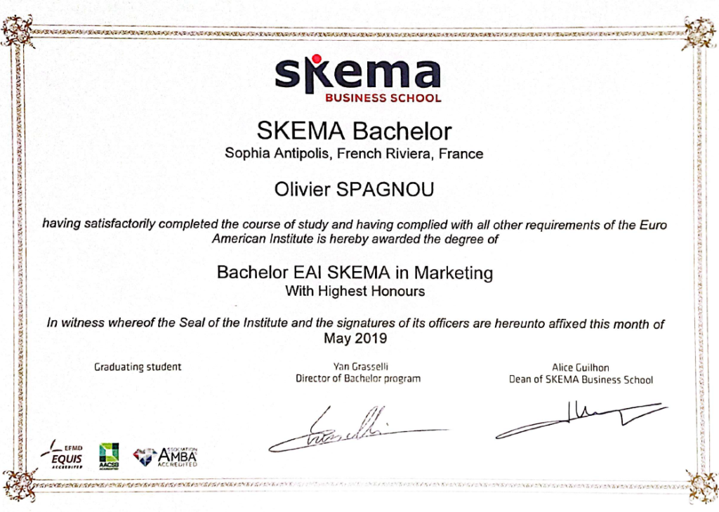 SKEMA Business School diploma: SKEMA Bachelor, Bachelor EAI SKEMA in Marketing (With Highest Honours).